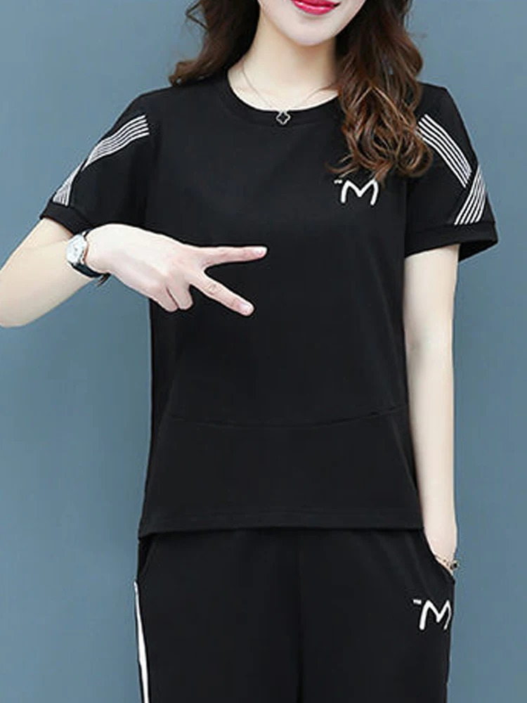 Sports Suit Women Summer Large Size Korean Slim Short Sleeve Cropped Pants Casual Two-piece Set Ladies Sportswear Set 250609