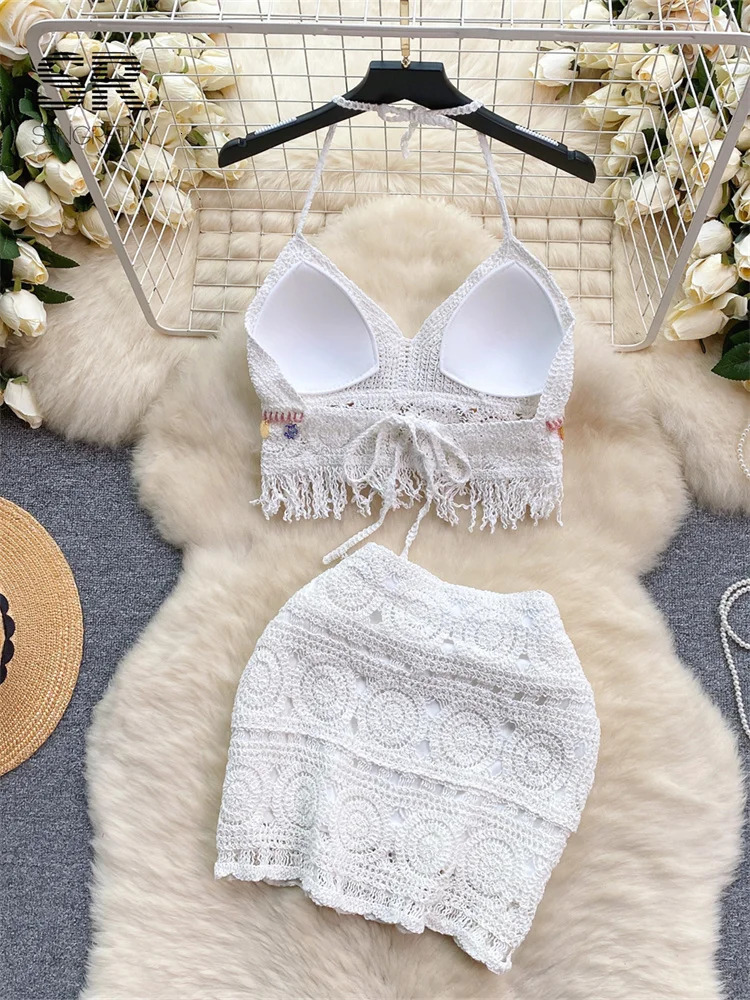 SINGREINY Knit Bikini Two Piece Set Women Summer Backless Tassel Sequins Camisole Mini Skirt Retro Fashion Vacation Beach Suit 250609