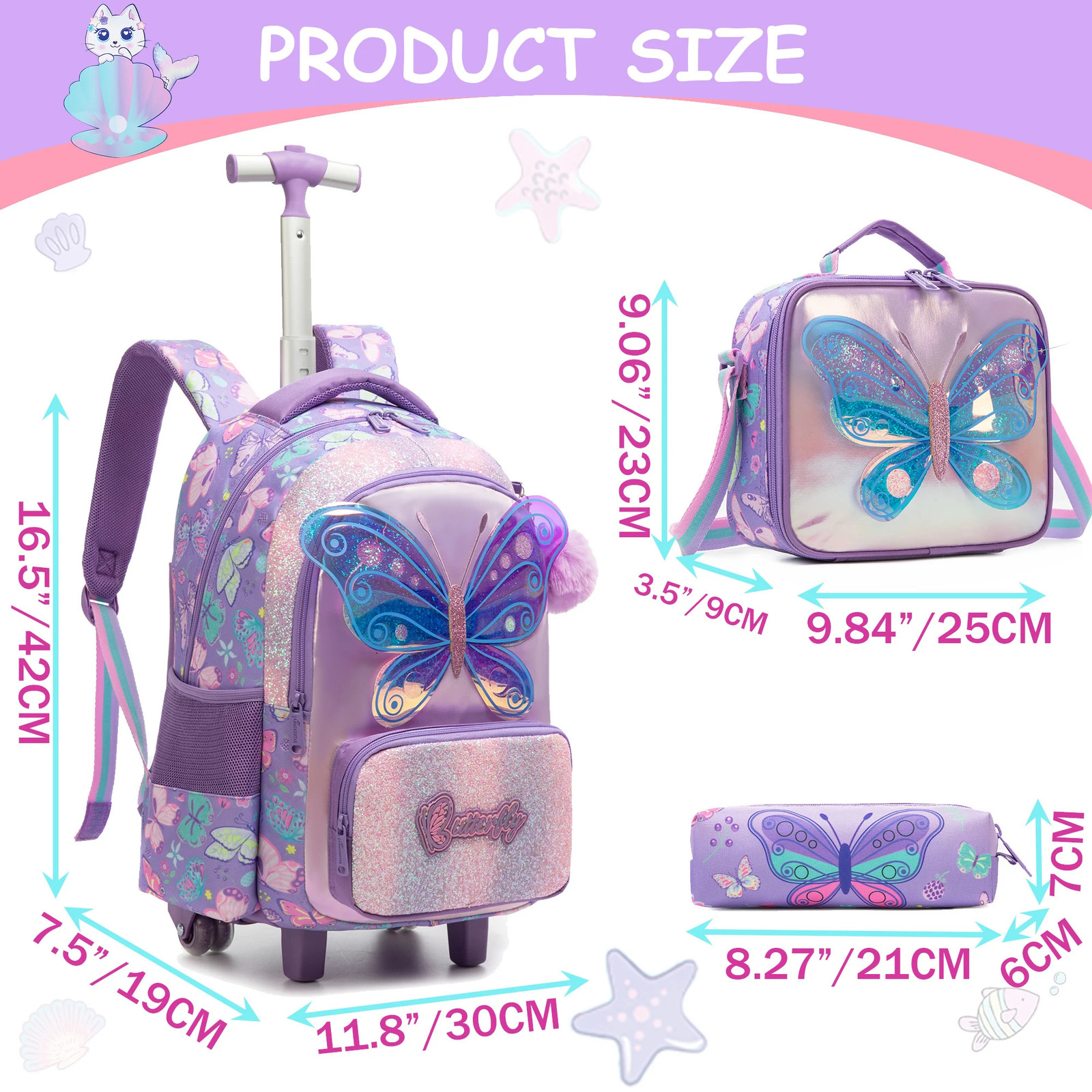 Girls Cute Rolling Backpack with Wheels 3pcs Set Roller Backpacks for Lunch Bag Wheeled Bookbag 250605