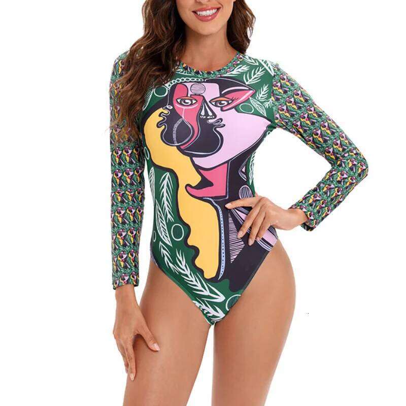 Summer One Piece Swimsuit Personalized Abstract Printed Surfing Sport Long Sleeves Swimwear For Women Bathing Suit