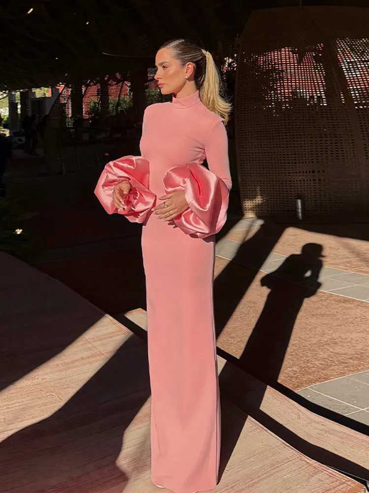 Sweet Pink Skinny Maxi Dresses Women 3D Flowers Long Sleeves Half High Collar High Waist Split Robe 2025 New Party Evening Gown XJ250610