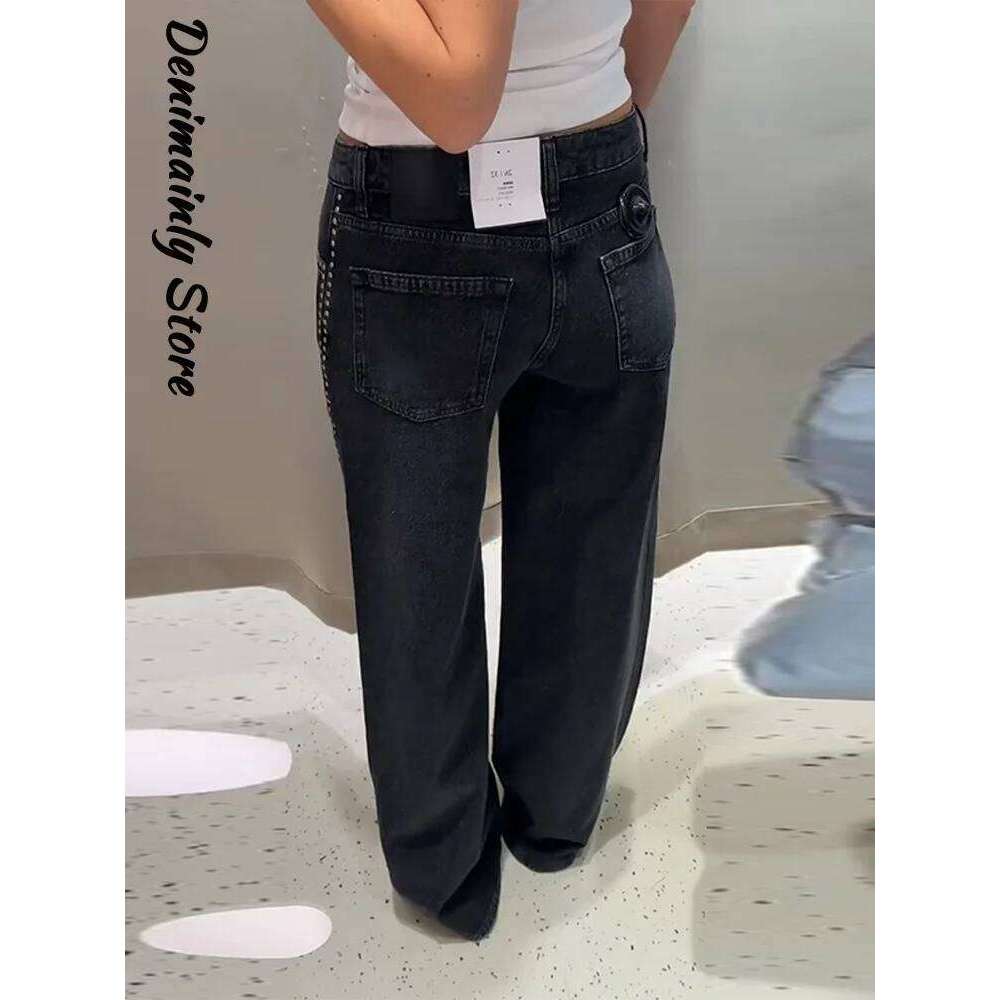 Punk Pant Edge Rivet Women's Jeans Black Denim Y2k Straight Mopping Pants 2025 New All Match Loose Casual Woman Trousers