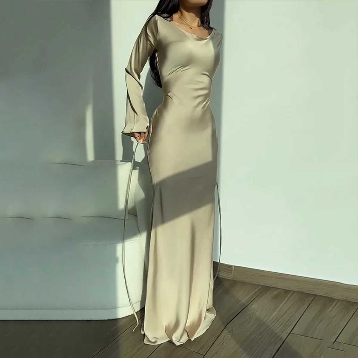 Women Spring Summer Long Dresses Elegant Evening Party Maxi Dress O Neck Solid Flare Sleeve Lace Up Bodycon Slim Lady Dresses XJ250610