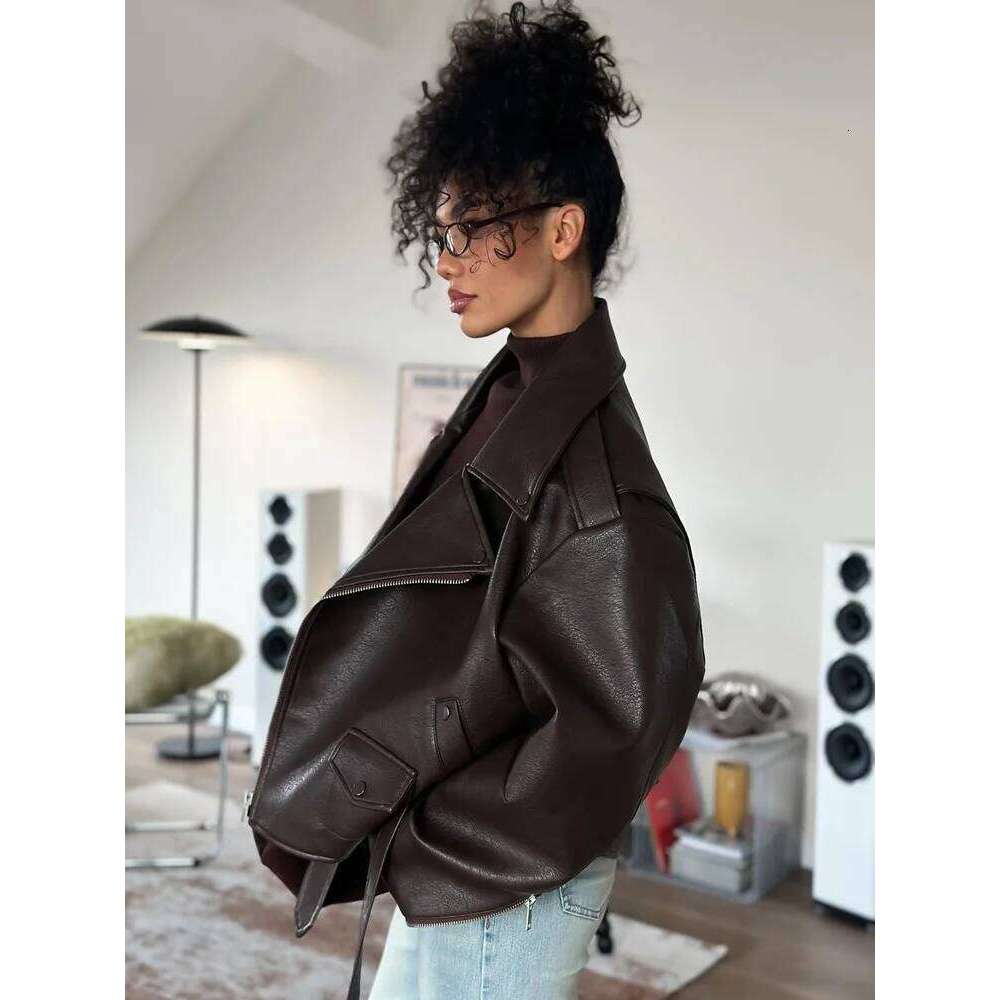 Leather Lapel Lace Up Jacket Woman Loose Solid Color Long Sleeves Zipper Coat Casual Street Fashion Women's New Baggy Jackets