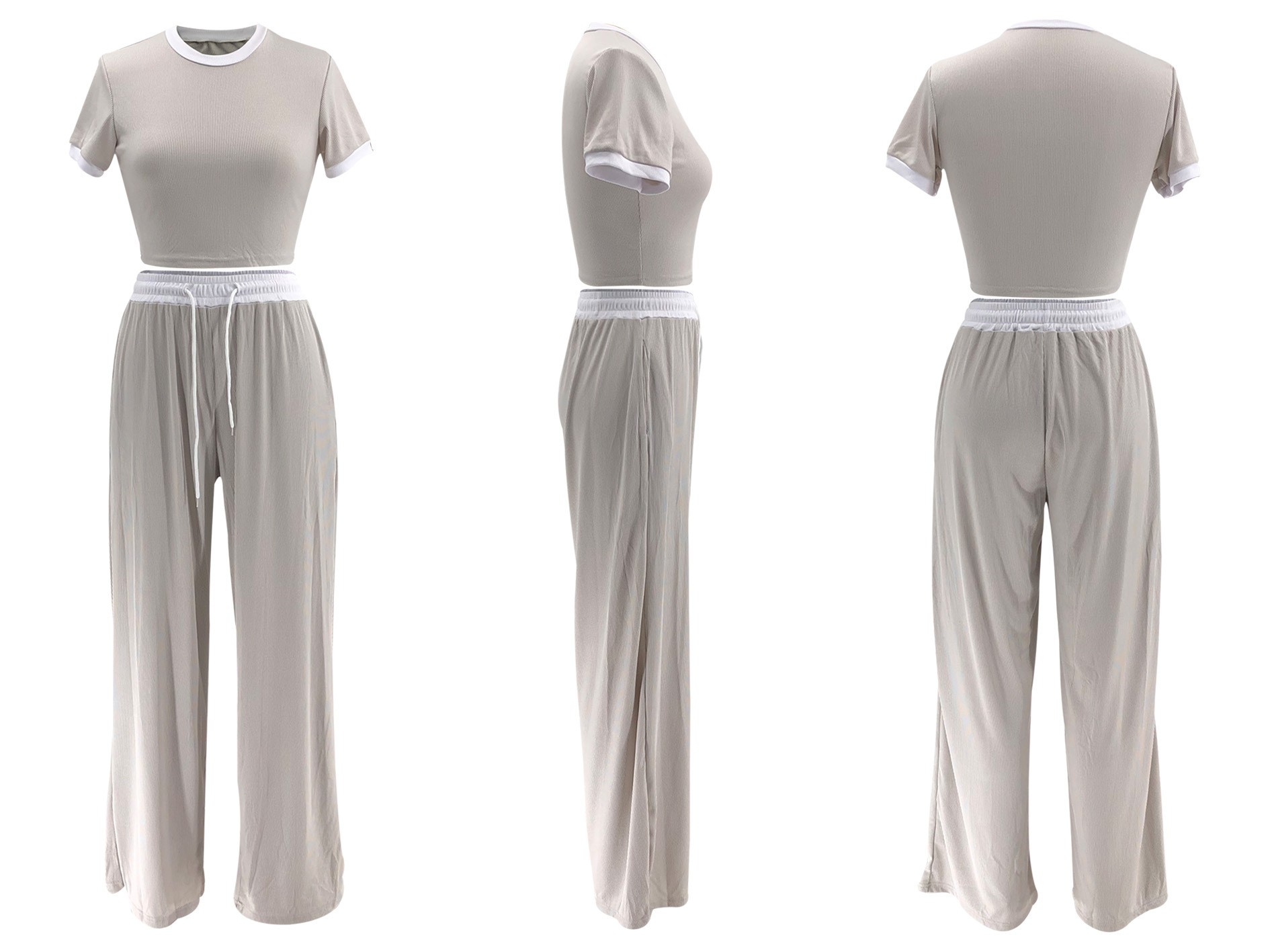 Designer women set Summer casual street daily ribbed color-blocking round-neck short-sleeved pants set Women sportswear two-piece long pants set