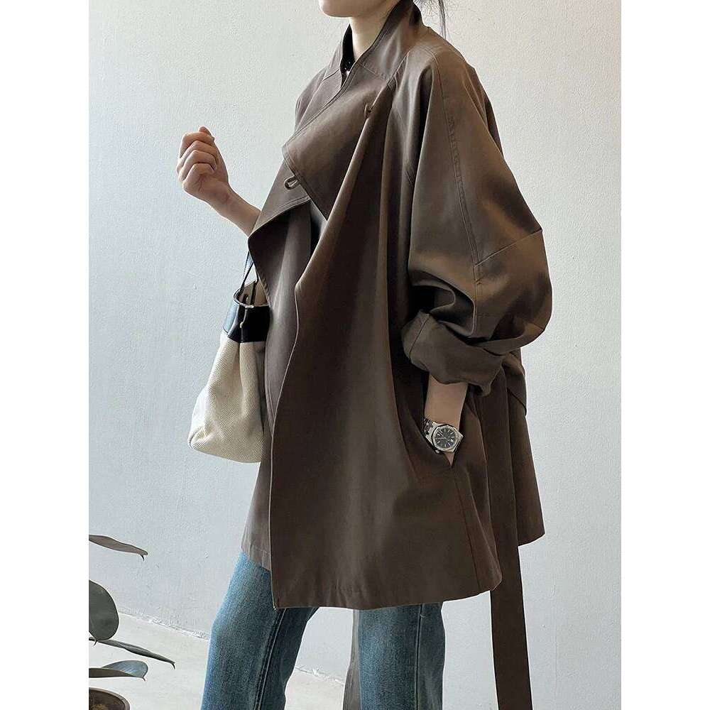 Sleeve Windbreaker Women Vintage Elegant Trench Coat Office Lady Belt Jacket Loose Waist Stand Collar Fashion Long Coats