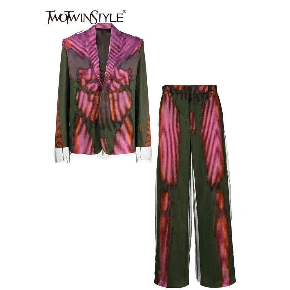 TWOTWINSTYLE Print Two Piece Sets For Women Notched Collar Long Sleeve Tops High Waist Wide Leg Pants Summer Set Female Fashion