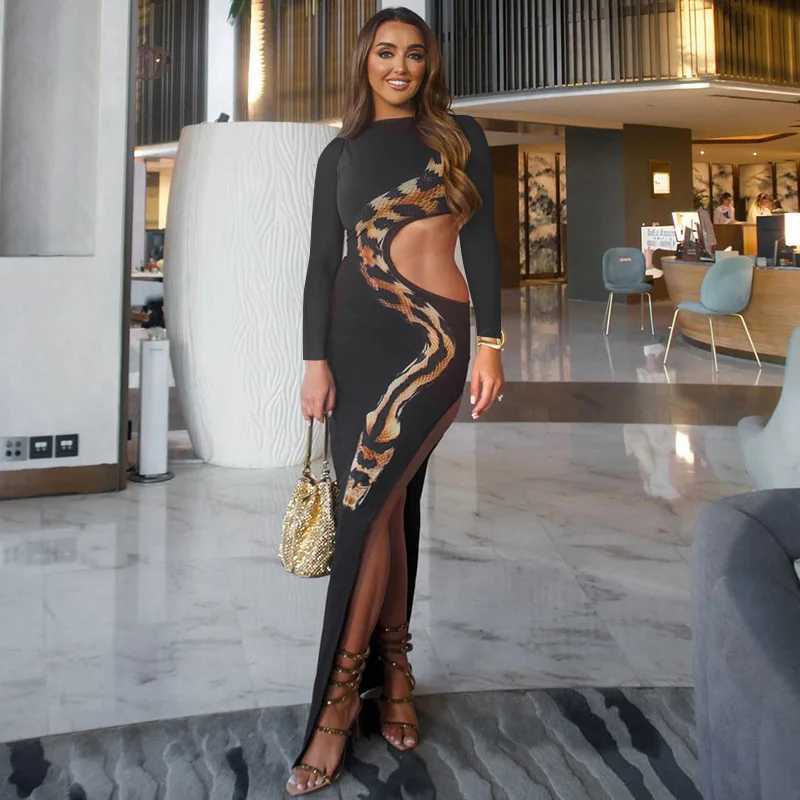Womens 2024 Autumn and Winter Revealed Waist High Slit Long Sleeve Sexy Snake Print Long Dress Elegant Sexy Party Dress Club Ou XJ250610