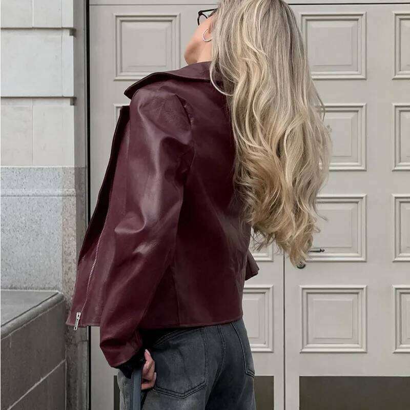 Trendy Wine Red Faux Leather Jakcet Fashion Outerwear Thicken Zipper Lapel Pu Coats Autumn Winter Streetwear Ladies Tops Women