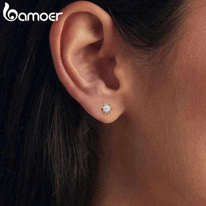 BAMOER Diamond Sparkling Hexagram Moissanite Stud Earrings, 925 Sterling Silver Lab Created Diamond Mini Star Earrings Birthday Gift Jewelry MSE102