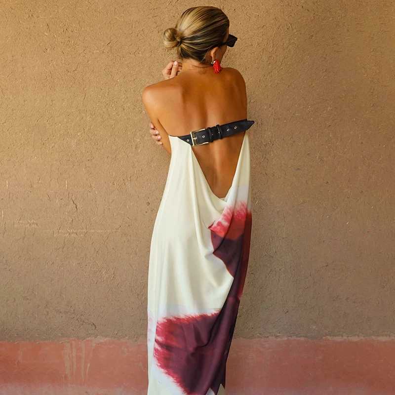 CUTENOVA Sexy Strapless Floral Print Belt Women Maxi Dress Yellow Backless High Waist Dresses Summer Holiday Elegant Beachwear XJ250610