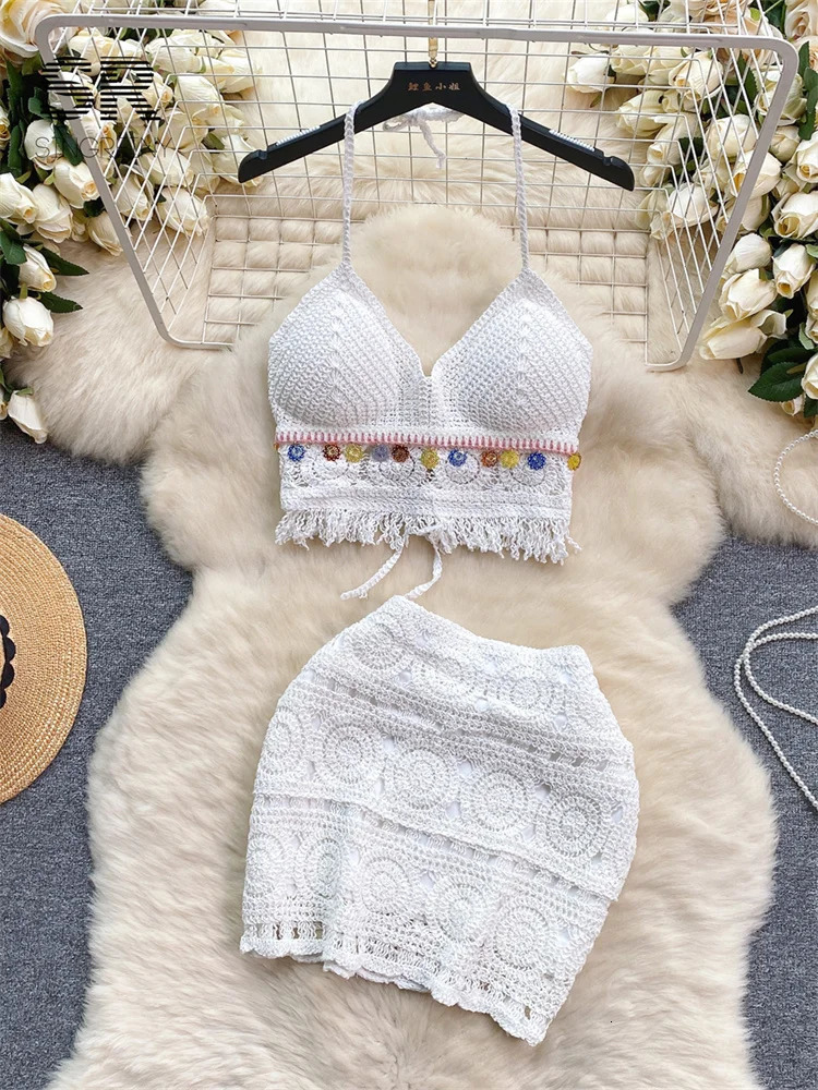 SINGREINY Knit Bikini Two Piece Set Women Summer Backless Tassel Sequins Camisole Mini Skirt Retro Fashion Vacation Beach Suit 250609