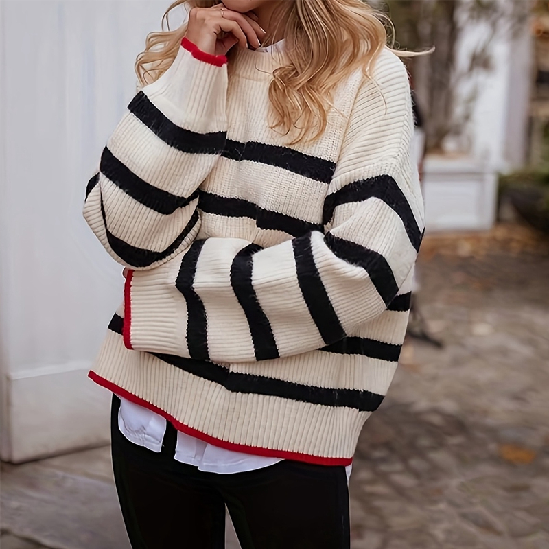 Contrasting striped pullover ladies sweater women autumn and winter new European and American leisure long-sleeved sweater women