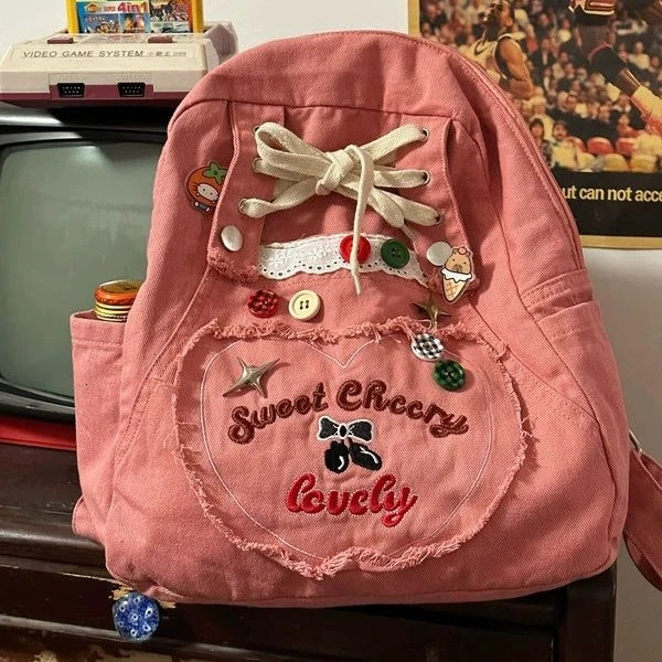 Japanese Cartoon Cute Backpack Schoolbag School Supplies Womens Bags Kawaii Bow Button High-capacity Backpacks 250606