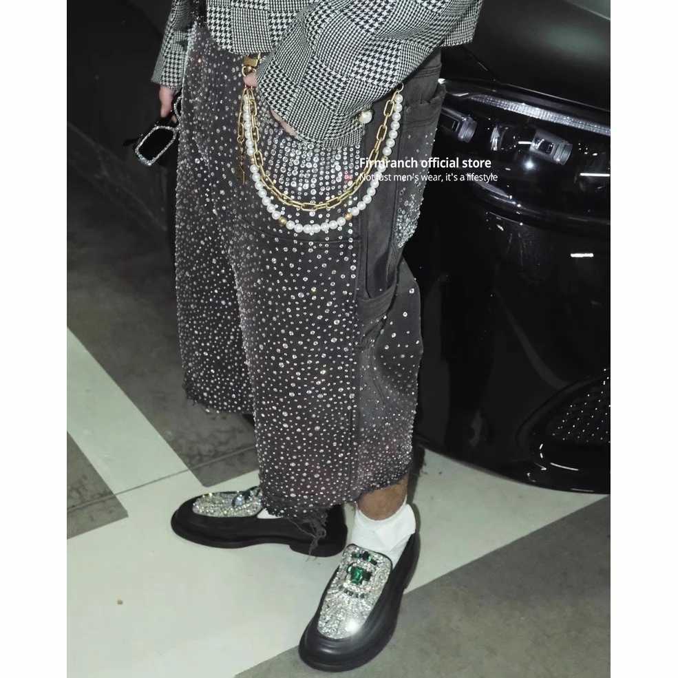 Firmranch New Full Rhinestone Jorts Men Women Black Shining Crop Pants High Street Gradient Color Sparkle Denim Shorts M250610