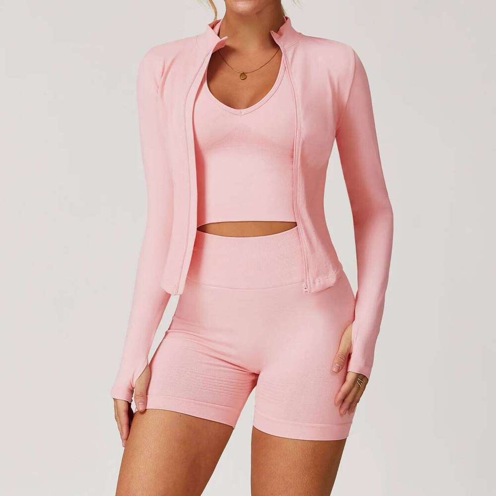 2/3 Piece Seamless Yoga Set Women Tracksuits Long Sleeve Zipper Jacket High Waist Leggings Fiess Suit Gym Running Shorts Sets