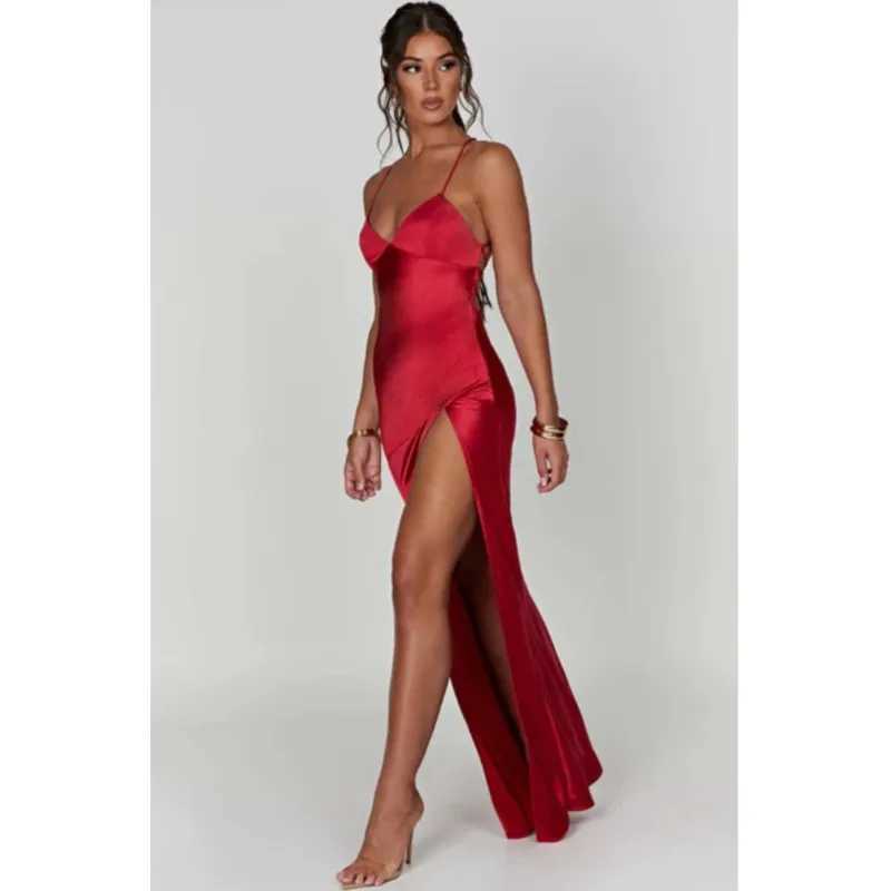 Womens Bandage Backless Elegant Dresses Split Hem Spaghetti Strap Slim Cocktail Party Club Fashion Satin Solid Lace-Up Dresses XJ250610