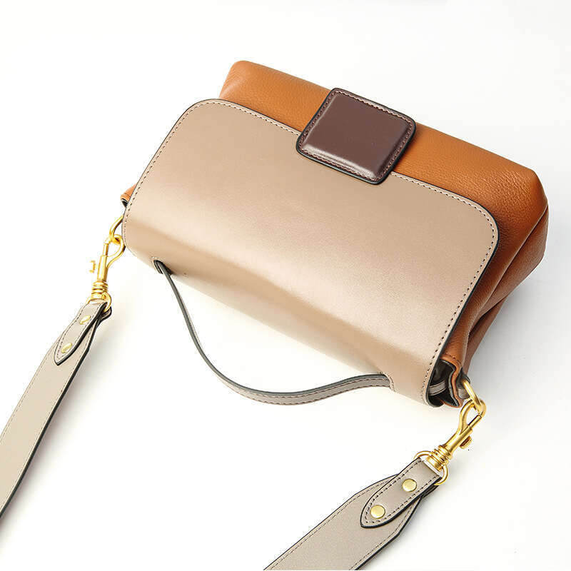 2025 New Top Layer Cowhide Women's Fashion Versatile Handbag Single Shoulder Crossbody Color Block Small Square Bag