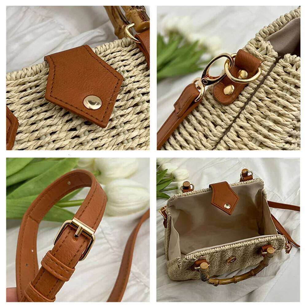 Summer Straw Basket For Women 2023 Bamboo Handle Rattan Handbags Beach Shoulder Crossbody Bag Travel Woven Bags Bohemia