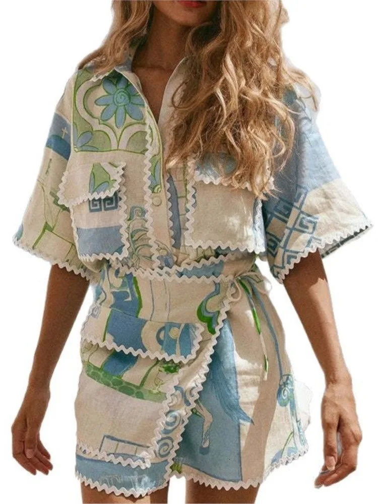 Fashion Printed Ruffle 2 Piece Set Women Summer Casual Patchwork Holiday Trendy Pocket Button Tops And Mini Skirt Two Piece Sets 250609