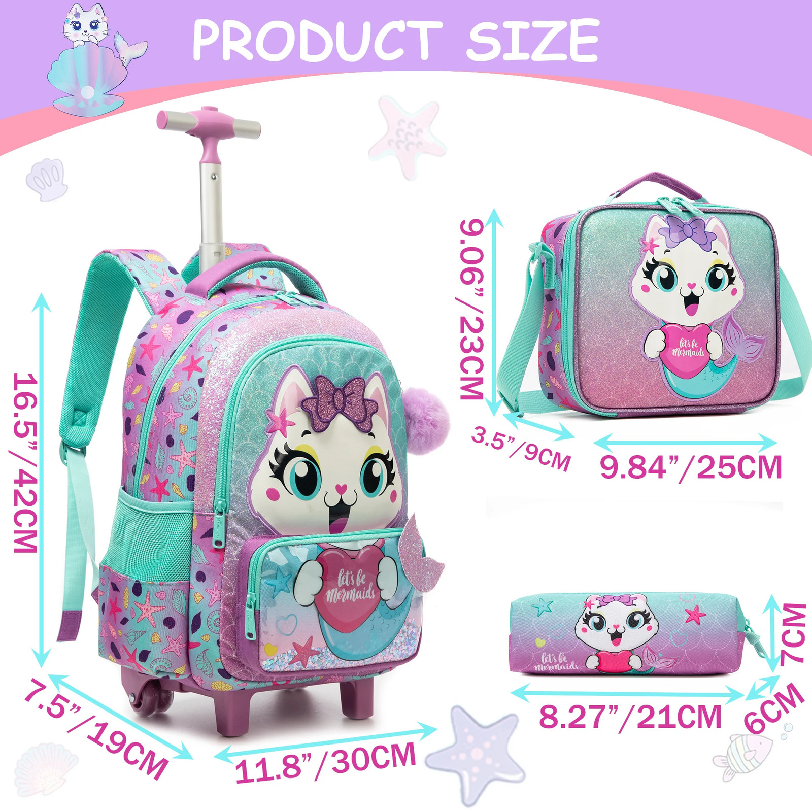 Girls Cute Rolling Backpack with Wheels 3pcs Set Roller Backpacks for Lunch Bag Wheeled Bookbag 250605
