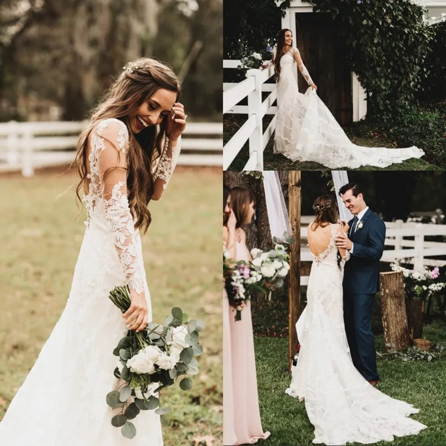 2025 New Vintage Spring Summer Lace Wedding Dresses Sheer Long Sleeves Open Back Beach Wedding Gowns for Garden Country