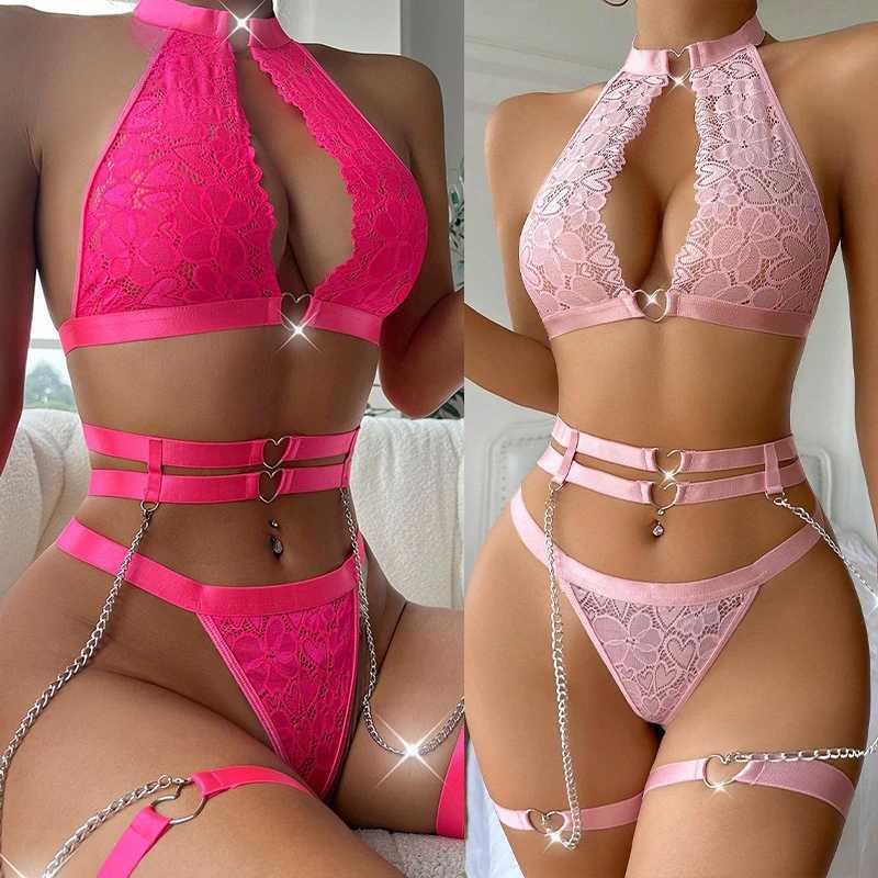 Woman Sexy Lingerie Metal Love Chain with Garter Belt Set Bodysuit Women Underwear Porn Lace Sleepwear Set Erotic Costumes R250610