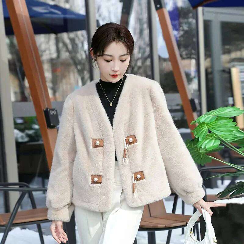 2024 Spring And Autumn Women Lazy New Eco Friendly Mink Fur Retro Chinese Loose Fit Coat Fashionable Pearl Buckle Cardigan