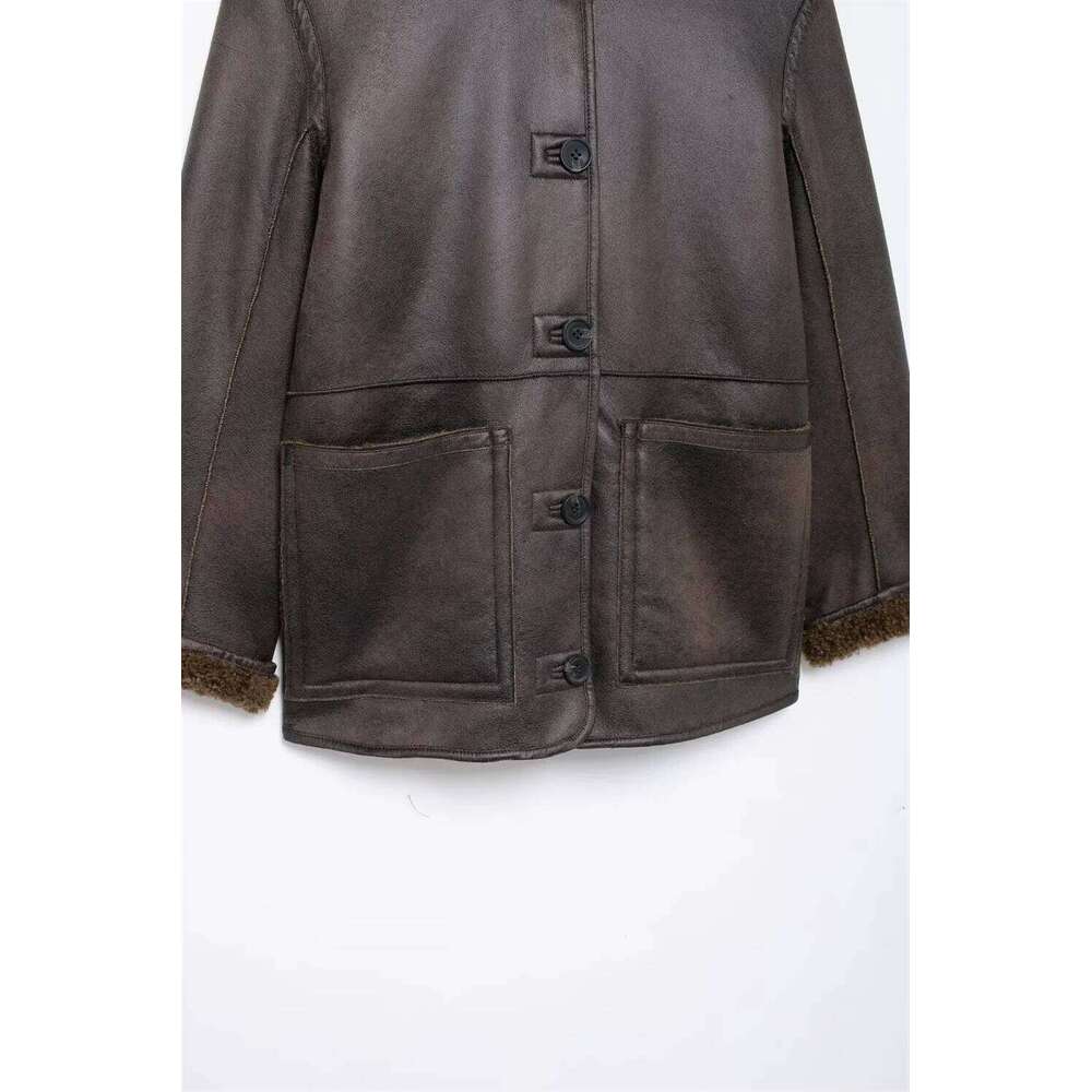 TRAF2024 Autumn/Winter New Women's Wear High end Warm Leather Double sided Imitation Lamb Wool Loose Coat