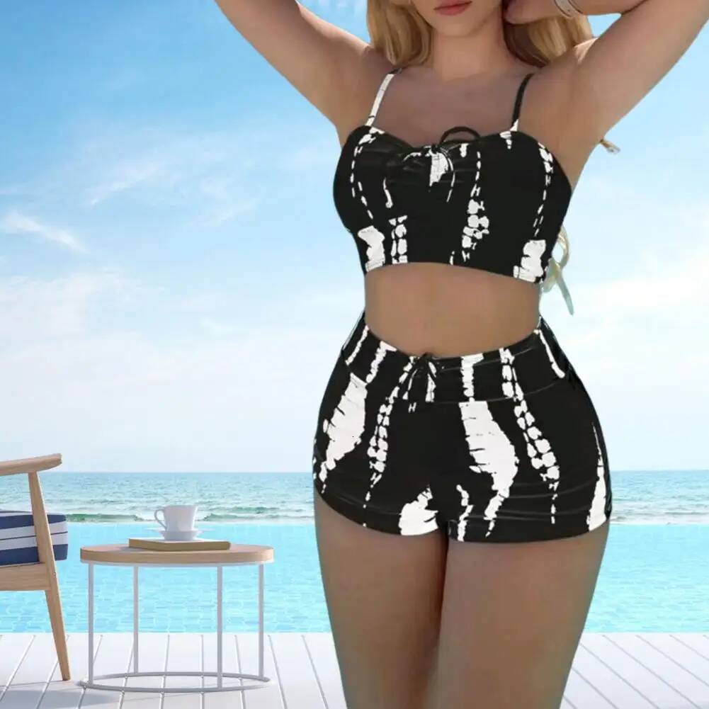 Swimsuit Stylish Lace-up Bikini Set with Push Up Design High Waist Elastic Band Women Contrast for Beachwear
