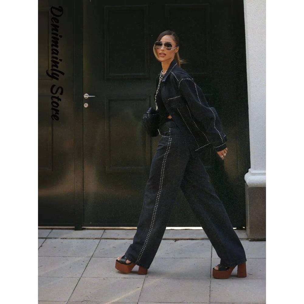 Punk Pant Edge Rivet Women's Jeans Black Denim Y2k Straight Mopping Pants 2025 New All Match Loose Casual Woman Trousers