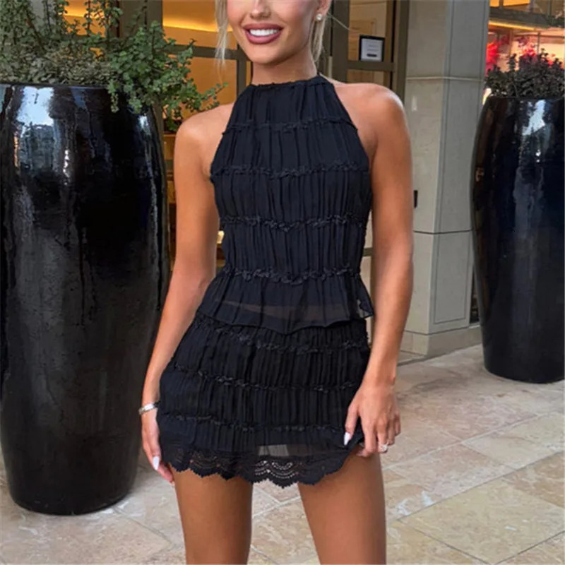Two Piece Skirt Set for Women Y2k Lace Sheer Mesh Ruched Halter Top Smocked Mini Skirt Summer Beach Matching Outfits 250609