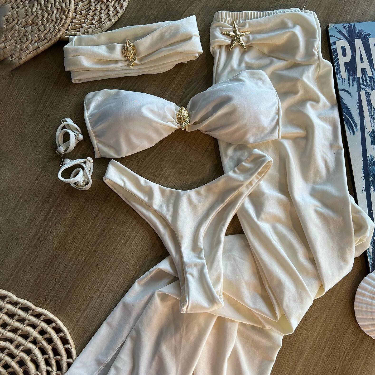 3 Pieces White Bikini Set Sexy Bikinis Women Swimsuit Female Push Swimwear Long Skirt Halter Bathing Suit Beachwear Cover Up