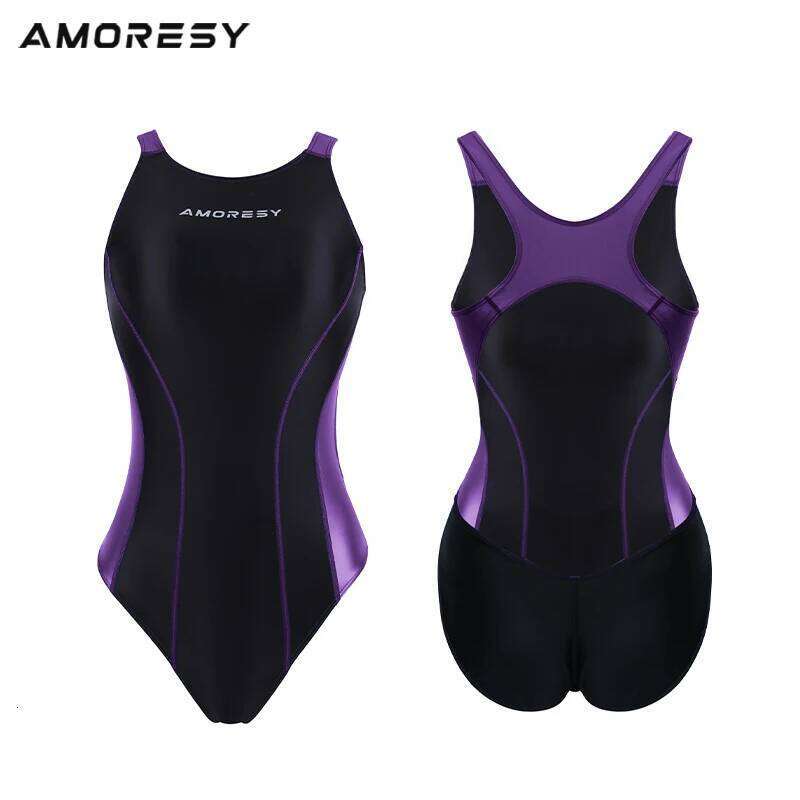 AMORESY One Piece Color block tights XCKNY satin glossy Backless swimsuit silky smooth Surfing Swimsuit