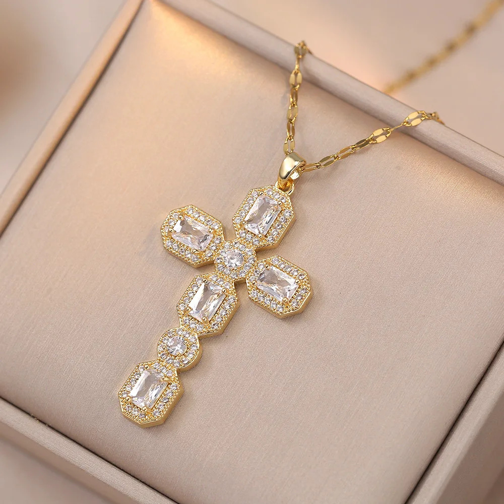 White Pink Zircon Big Cross Pendants Clavicle Necklaces For Women Stainless Steel Chains Necklace Birthday Party Jewelry 250609