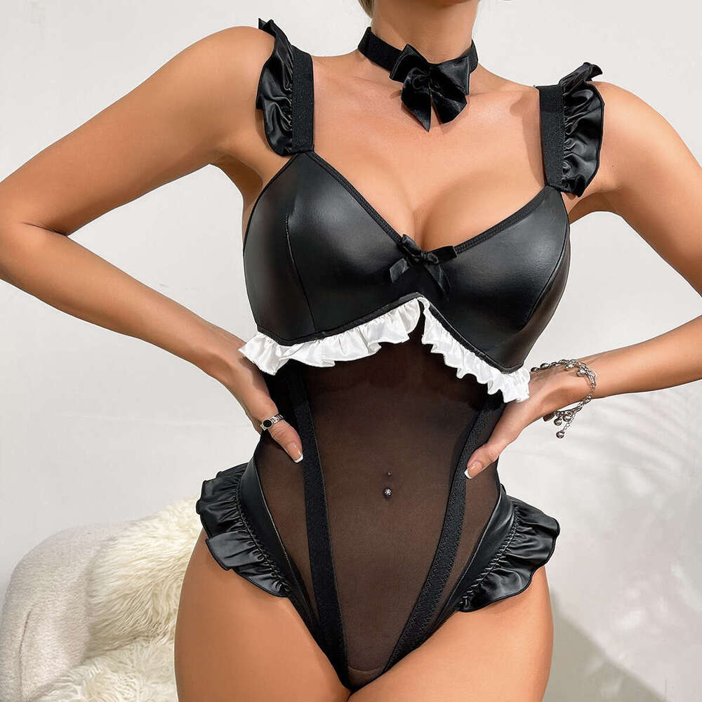 Spell Lingerie Porn Suits Lingerie Sexy Uniform Temptation Cute Bowknot PU Dead Stock Water One Piece Suit Set Sexy Lingerie