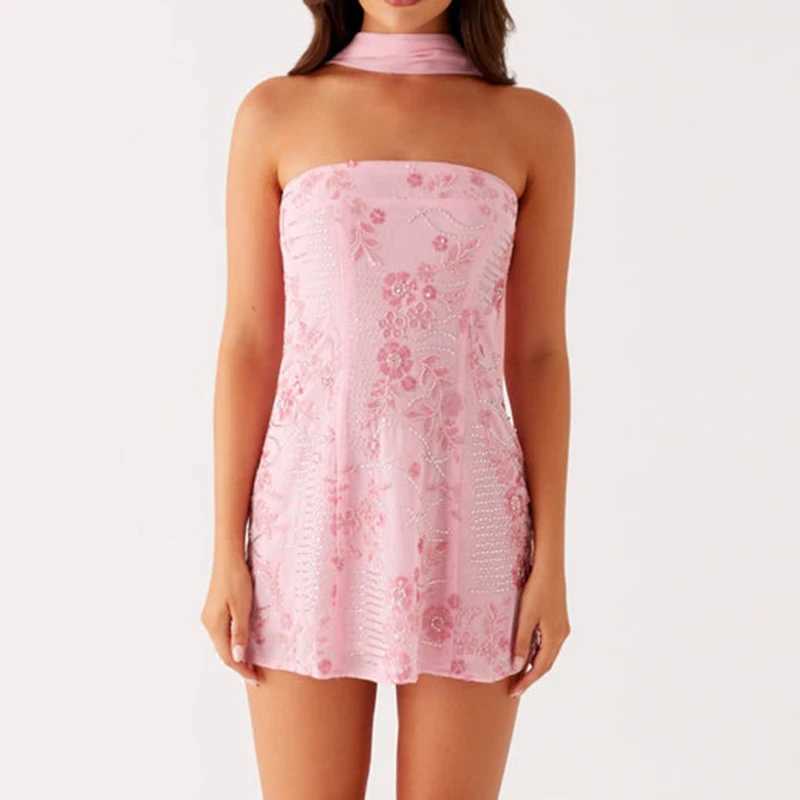 Women Sequin Strapless Mini Dress with Scarf Beaded Rhinestone Sleeveless Off Shoulder Dress Sexy Backless Cocktail Party Dress XJ250610