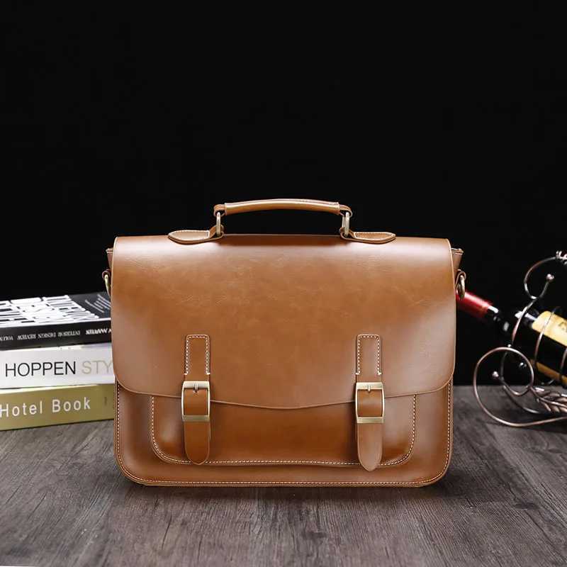 Mens Briefcase Crazy Horse PU Leather Vintage Student Satchel School Office Tote Handbag Shoulder Business Shoulder Womens Bag W250610