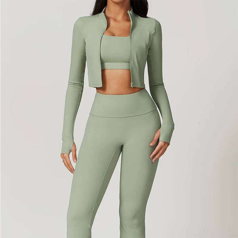 Outfit Active Wear 3 Pieces Workout Clothes For Women Sports Bra High Waist Gym Leggings Long-Sleeved Fiess Sportswear