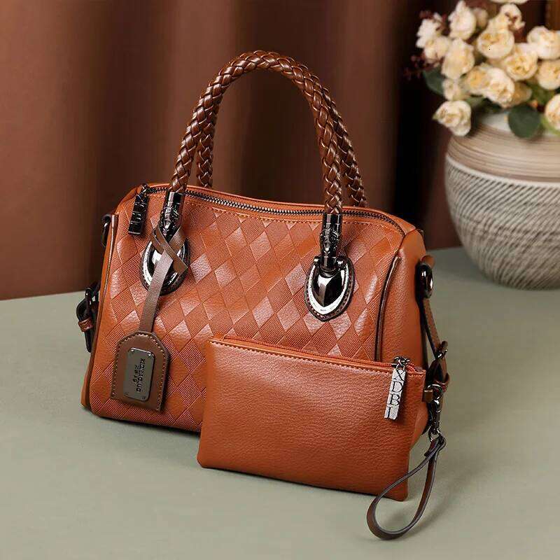 Woven Women's Handbag With Wallet 2024 Vintage European And American Checkered Women Shoulder Bag Large Capacity Boston Lady Bag