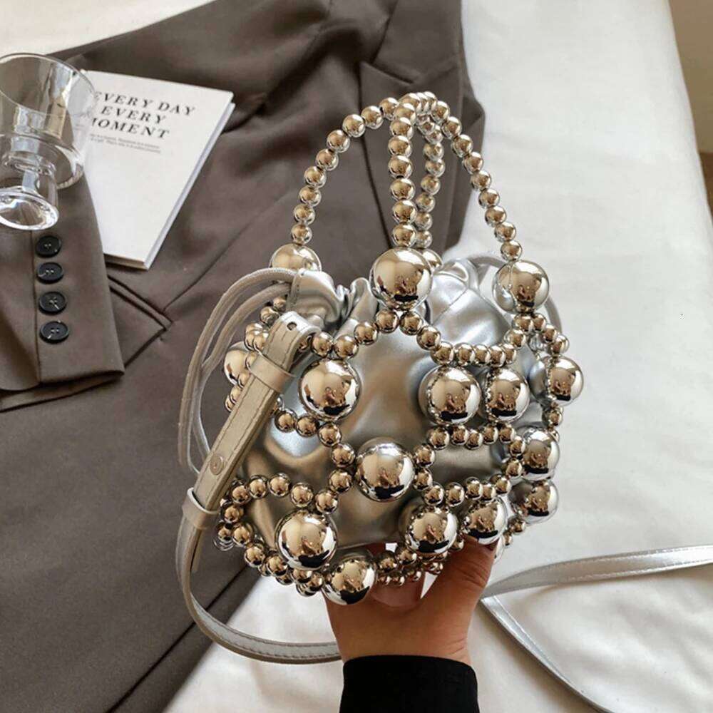 Beaded Handbags Hollow Woven Pearls Bags For Women Fashion Drawstring Shoulder Lady Evening Bag Party Wedding Clutch