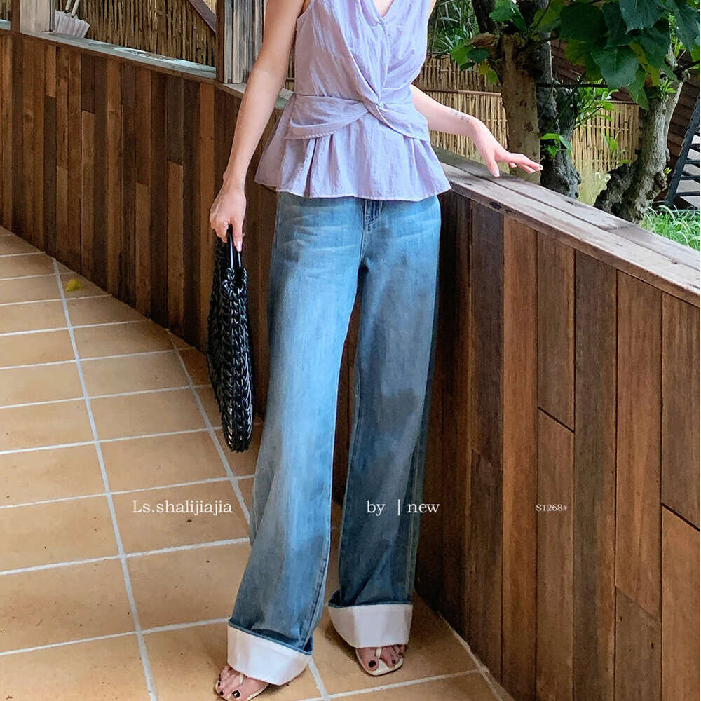LS Shuzhi Light Blue Jeans for Women 2025 Summer New Versatile Washed Straight Pants S1268