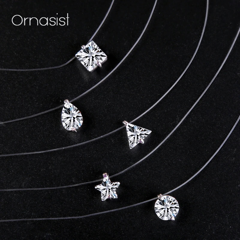 Transparent Chain Zircon Necklace Invisible Fishline Choker Women Oval Heart Square Star Water Drop Pendant Necklaces 250609