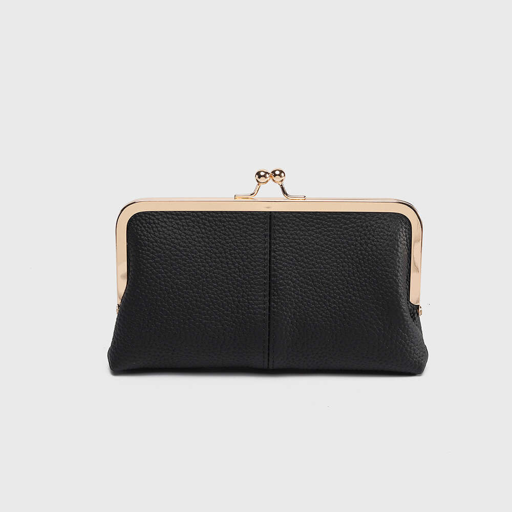 New Genuine Leather Long Clutch Simple Fashion Clip First Layer Cowhide Wallet Gold Frame Storage Bag Large Capacity