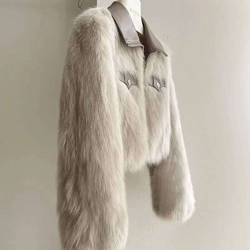 Pop Spring And Autumn Korean Chic Polo Collar Loose Clothing Winter Coat Faux Fox Fur Plush Short Jackets Women