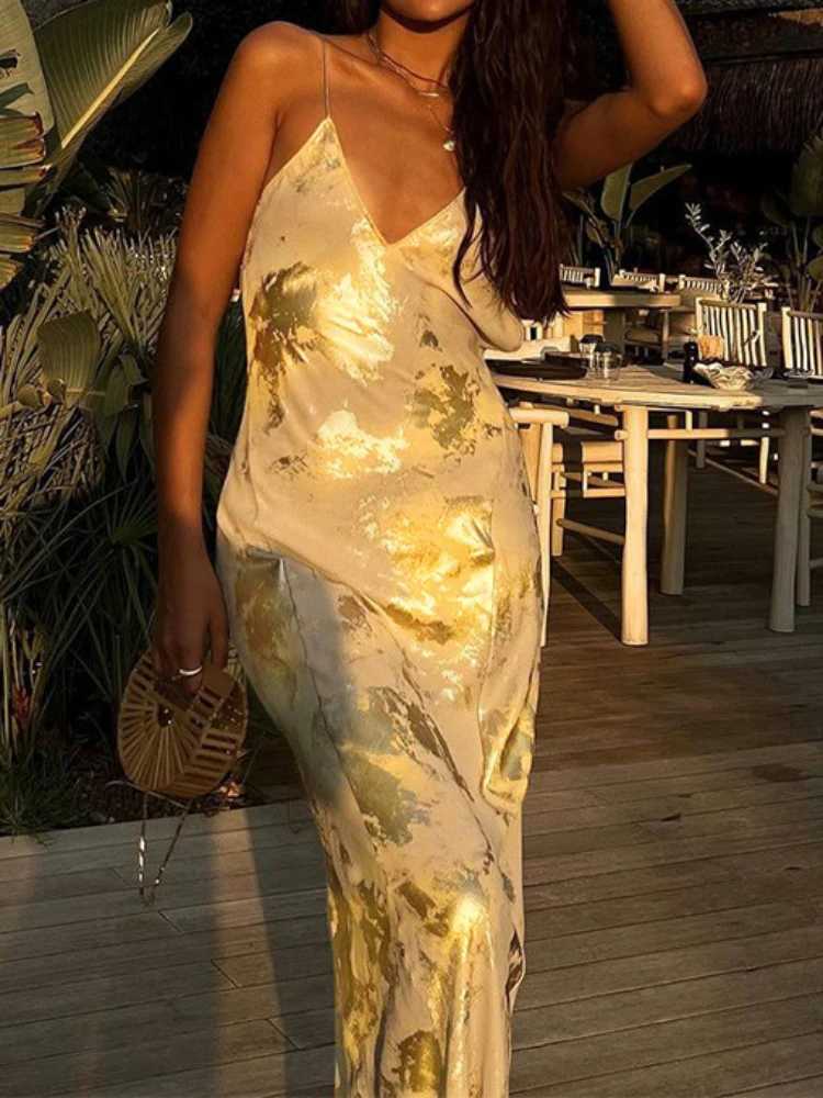 Sexy Spaghetti Strap V Neck Gold Stamping Bodycon Maxi Dress Women Backless Sleeveless Long Dress Evening Club Party VestidosXJ250610