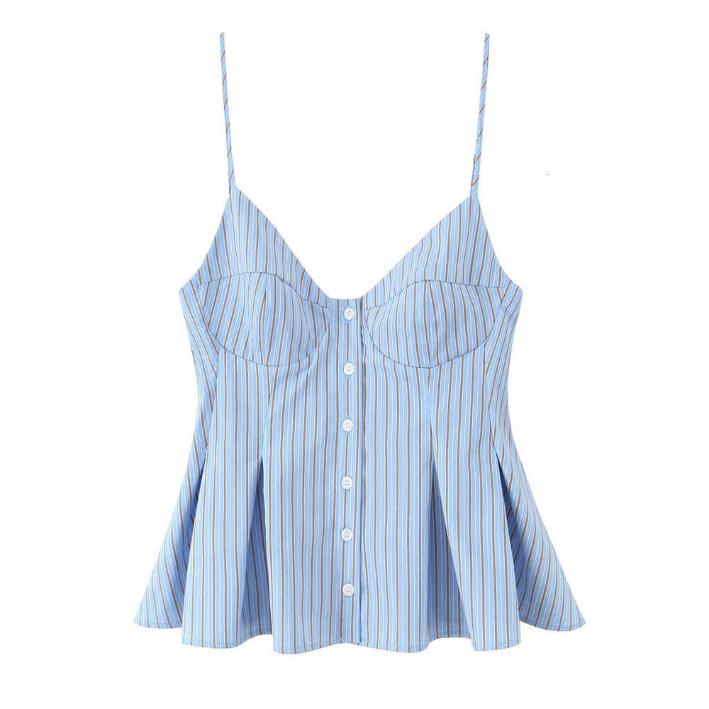 6013- New Women's Fashion V-Neck Buttoned Solid Color Pleated Camisole Top For Women B5