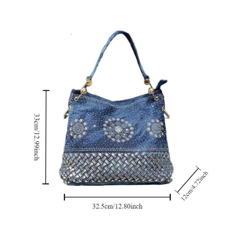 Women's Fashion Denim Braided Bucket Large Capacity Gradient Dia Decorated Shoulder Crossbody Bag