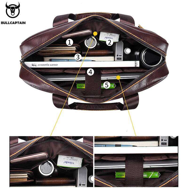BULLCAPTAIN Genuine Men Briefcase Laptop 14 Messenger Men's Leather Bag Business Portfolio For Document A4