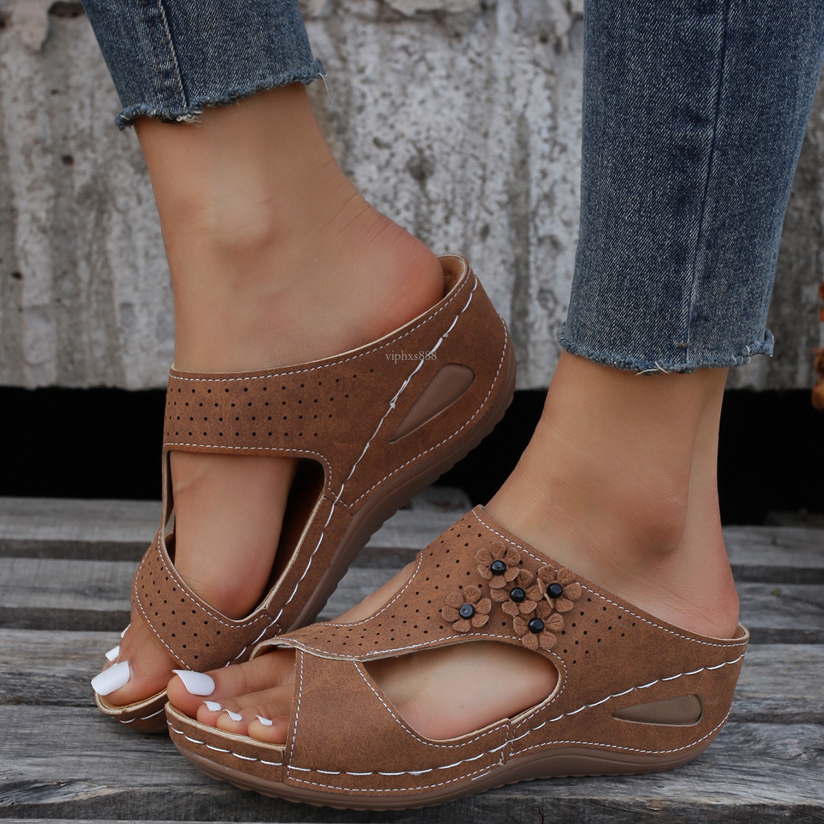 Amazon 2025 Plus Size Summer New Plus Size Foreign Trade Women's Shoes Solid Color Beach Open Toe Wedge Peep Outdoor Designer sandals Toe Sandals